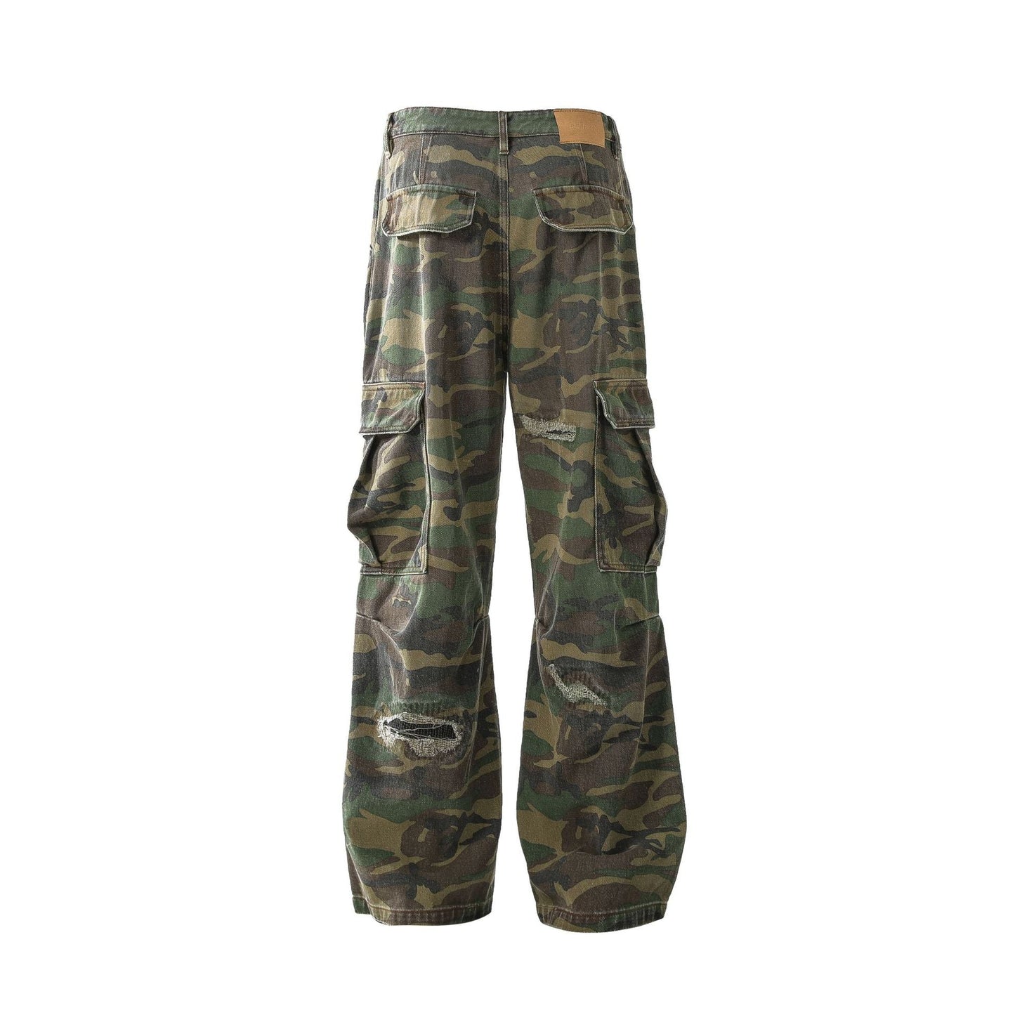 Ripped Camouflage Flared Cargos - Distressed Tactical Wide-Leg Pants | LuxuryUrbanwear - Luxuryurbanwear