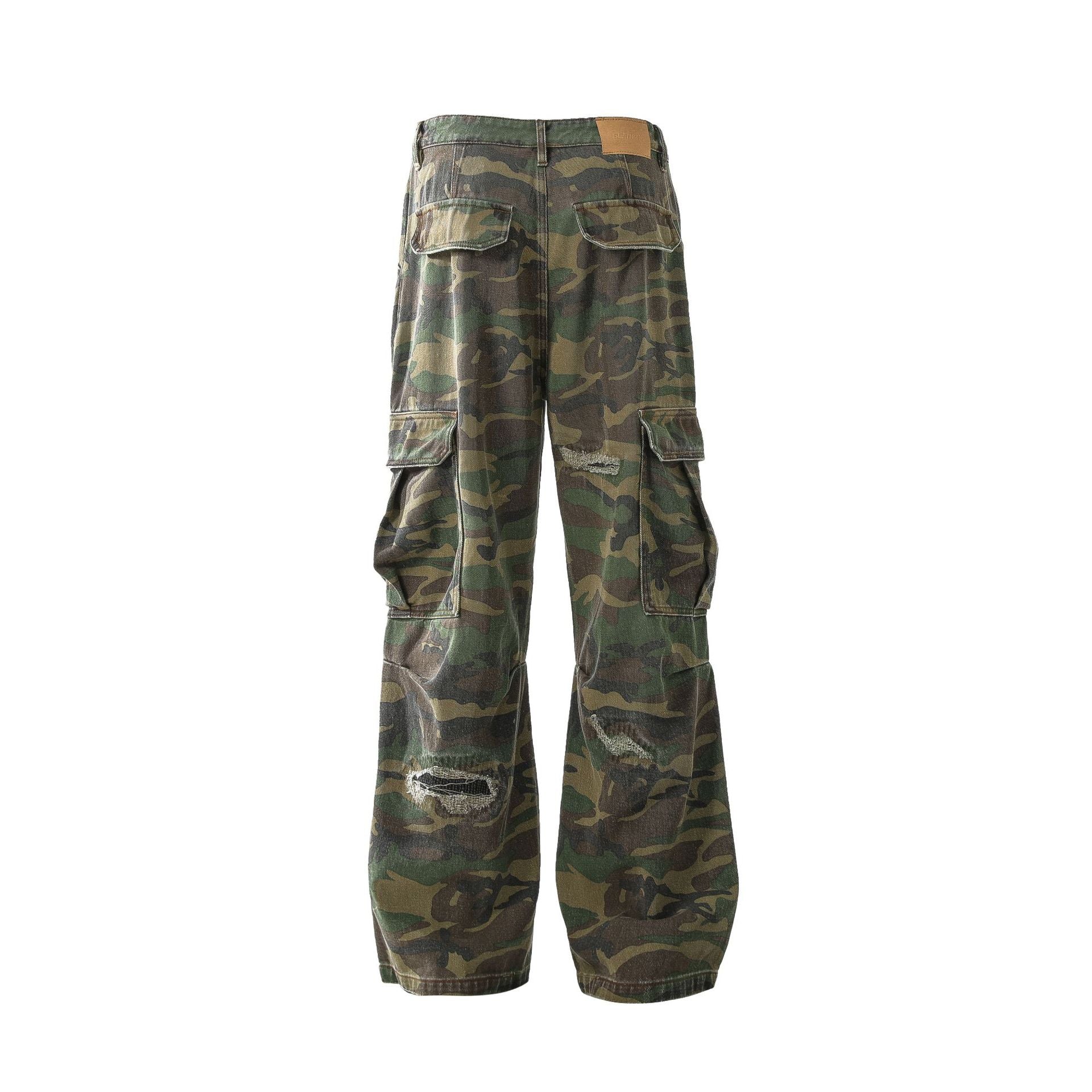 Ripped Camouflage Flared Cargos - Distressed Tactical Wide-Leg Pants | LuxuryUrbanwear - Luxuryurbanwear