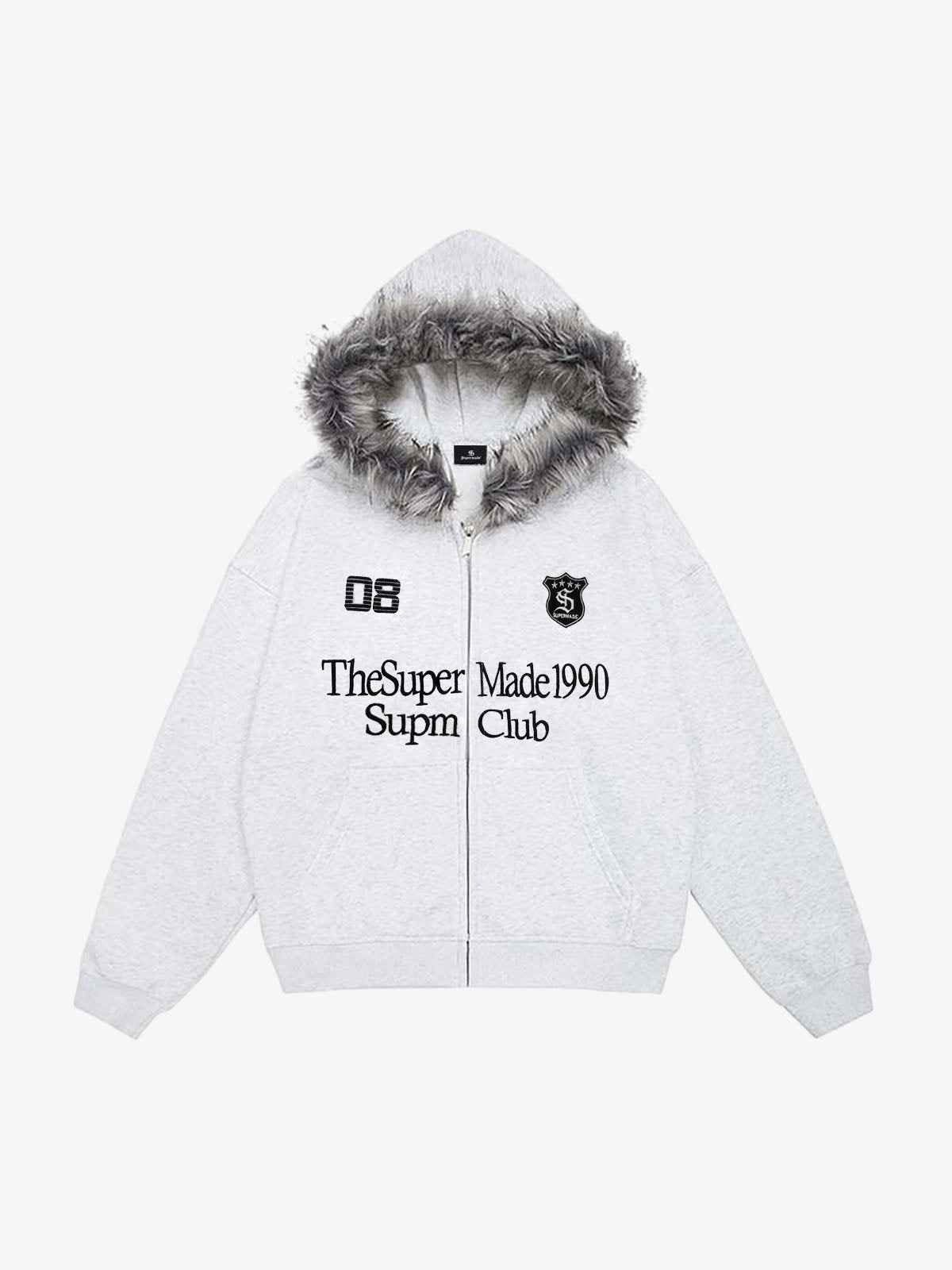Letter Medal Embroidered Cardigan Fur Collar Zip Up Hoodie- 2502