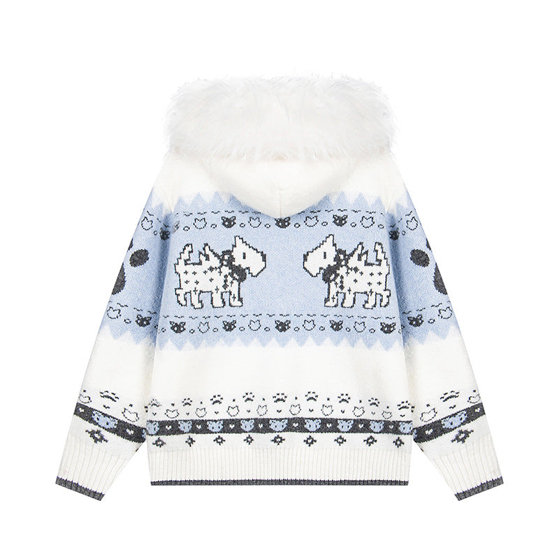 Puppy Charm | Knitted Cardigan with Faux Fur Hood - Luxuryurbanwear