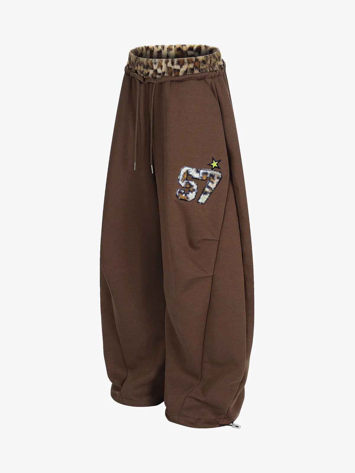 Retro Double-Waist Leopard Patch Barrel Pants - 2564