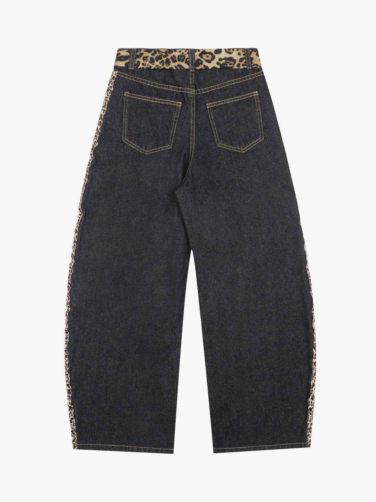 Leopard Side Panel Tie Belt Denim Barrel Jeans