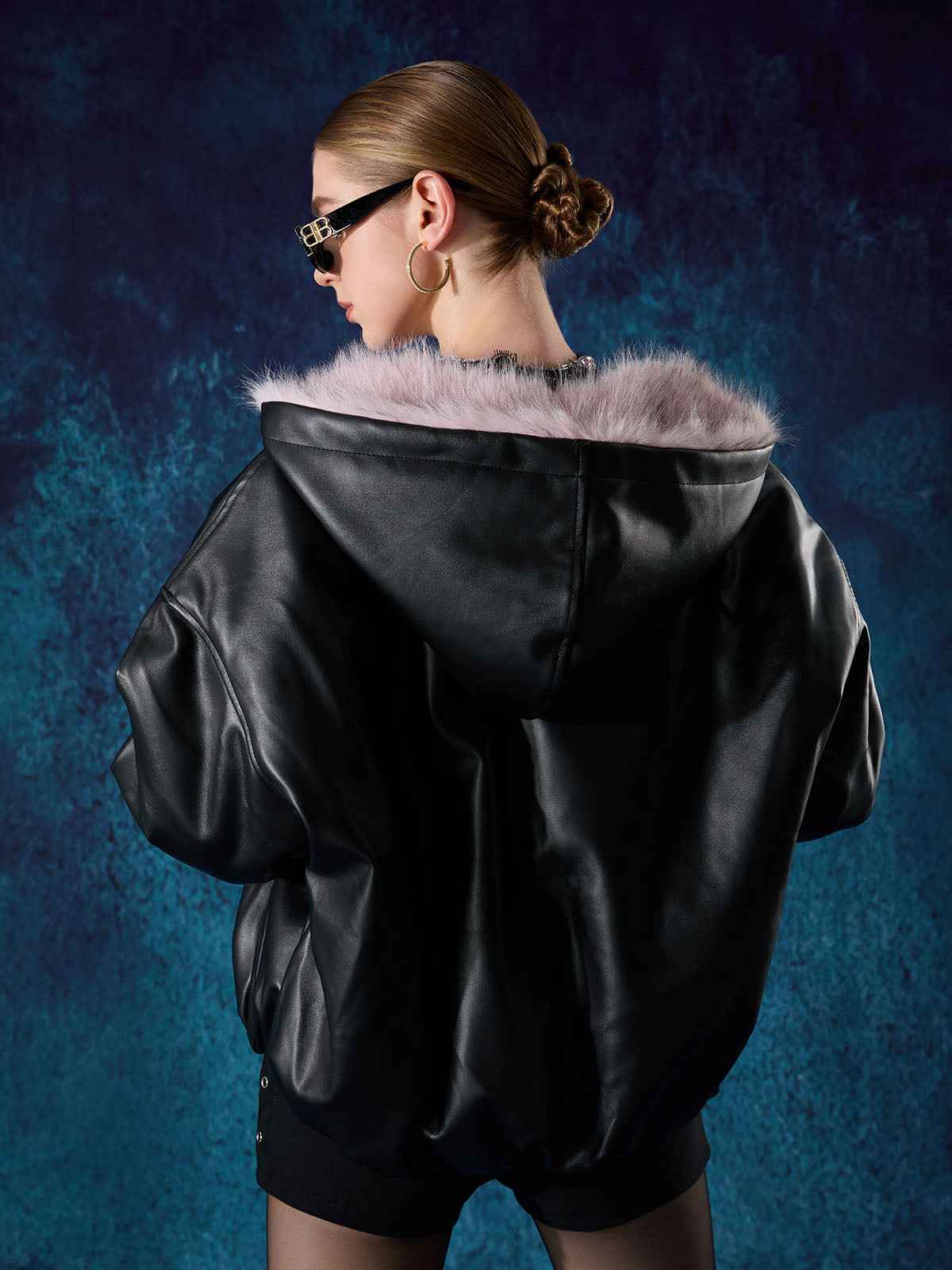 Leather Pink Fur Hooded Quilted Jacket - 2535