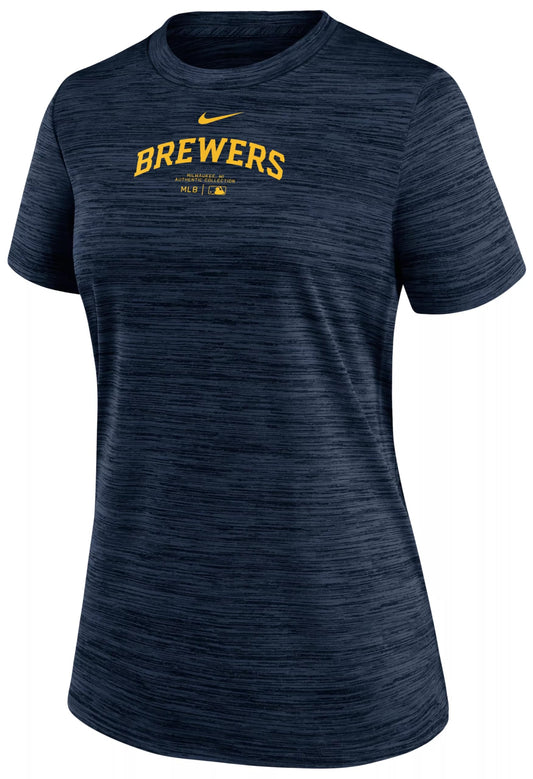 Nike Womens MLB Authentic Collection Velocity T-Shirt (US Alpha Small Regular Regular Navy Milwaukee Brewers)