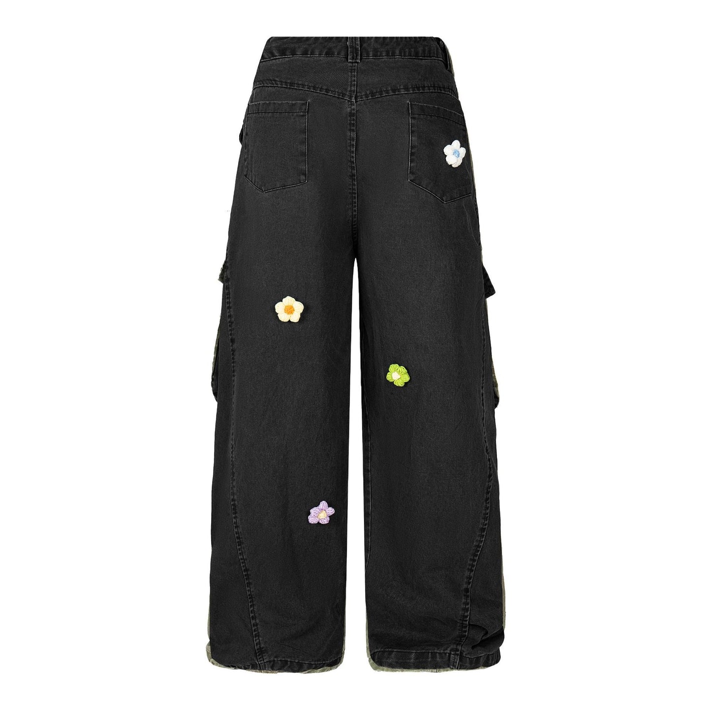 3D Floral Embroidered Washed Cargos - Heavyweight Tactical Flower Detail Pants | LuxuryUrbanwear - Luxuryurbanwear