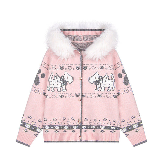 Puppy Charm | Knitted Cardigan with Faux Fur Hood - Luxuryurbanwear