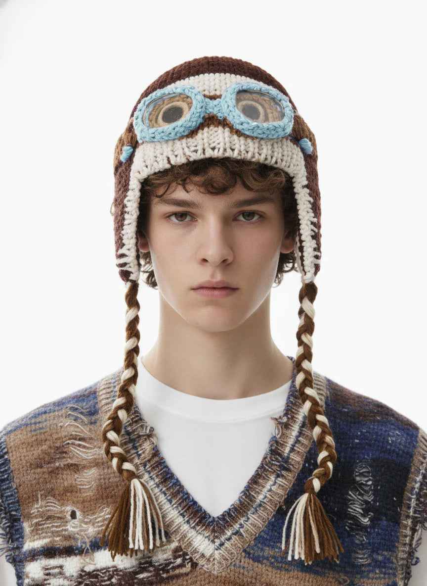 Colorblock Crochet Goggles Trapper Hat