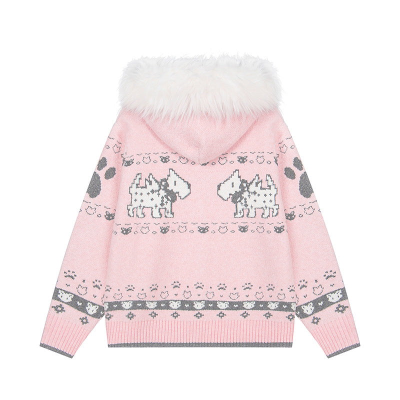 Puppy Charm | Knitted Cardigan with Faux Fur Hood - Luxuryurbanwear