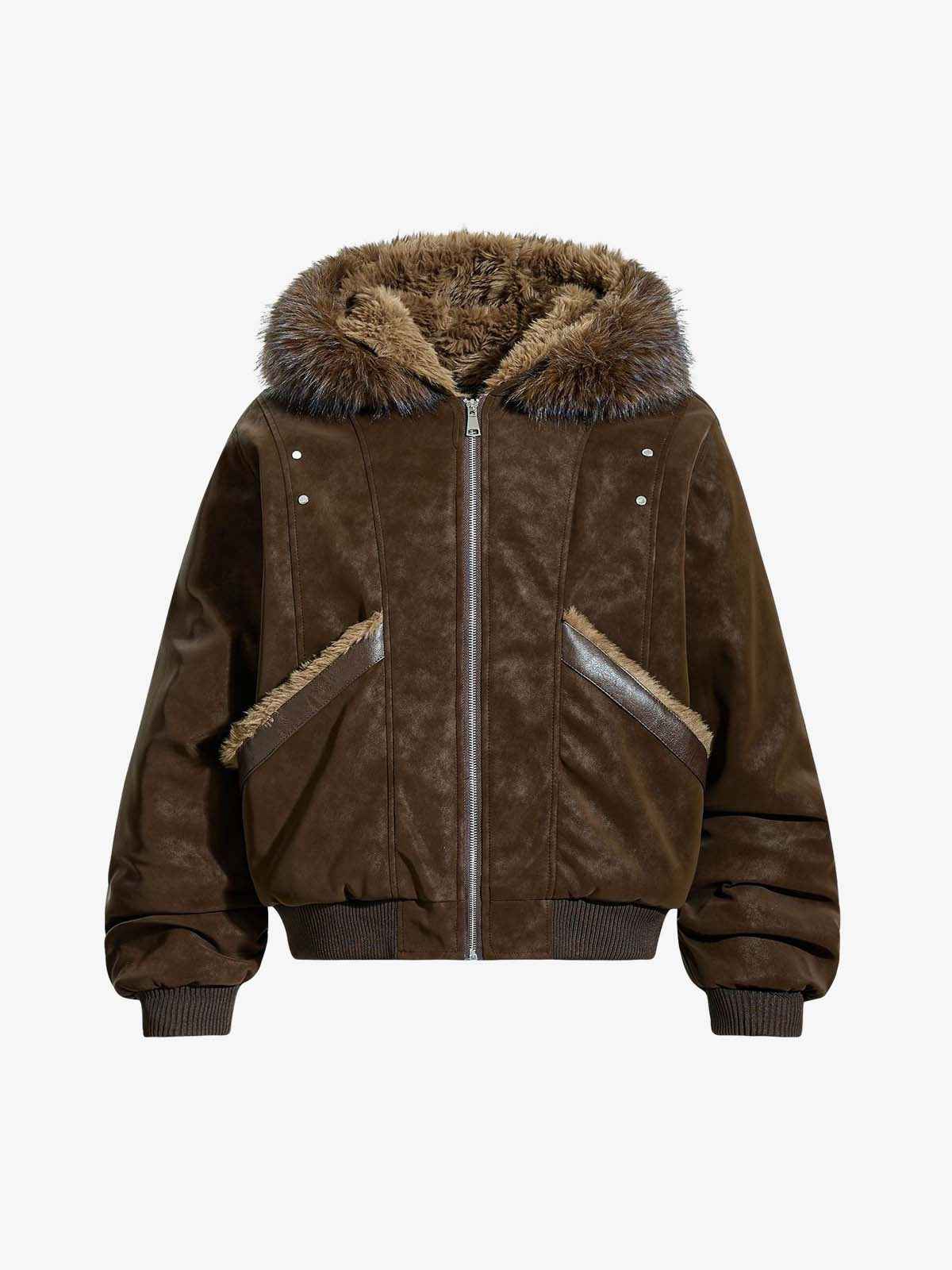 Retro Detachable Faux Fur Collar Suede Fleece Hoodie Jacket