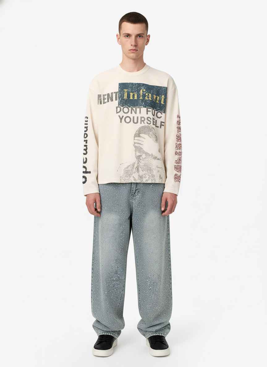 Waffle Knit Graphic Print Crewneck Sweatshirt - 2496