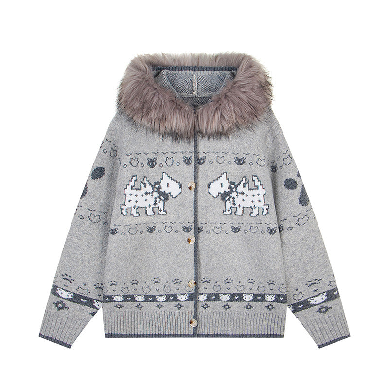 Puppy Charm | Knitted Cardigan with Faux Fur Hood - Luxuryurbanwear