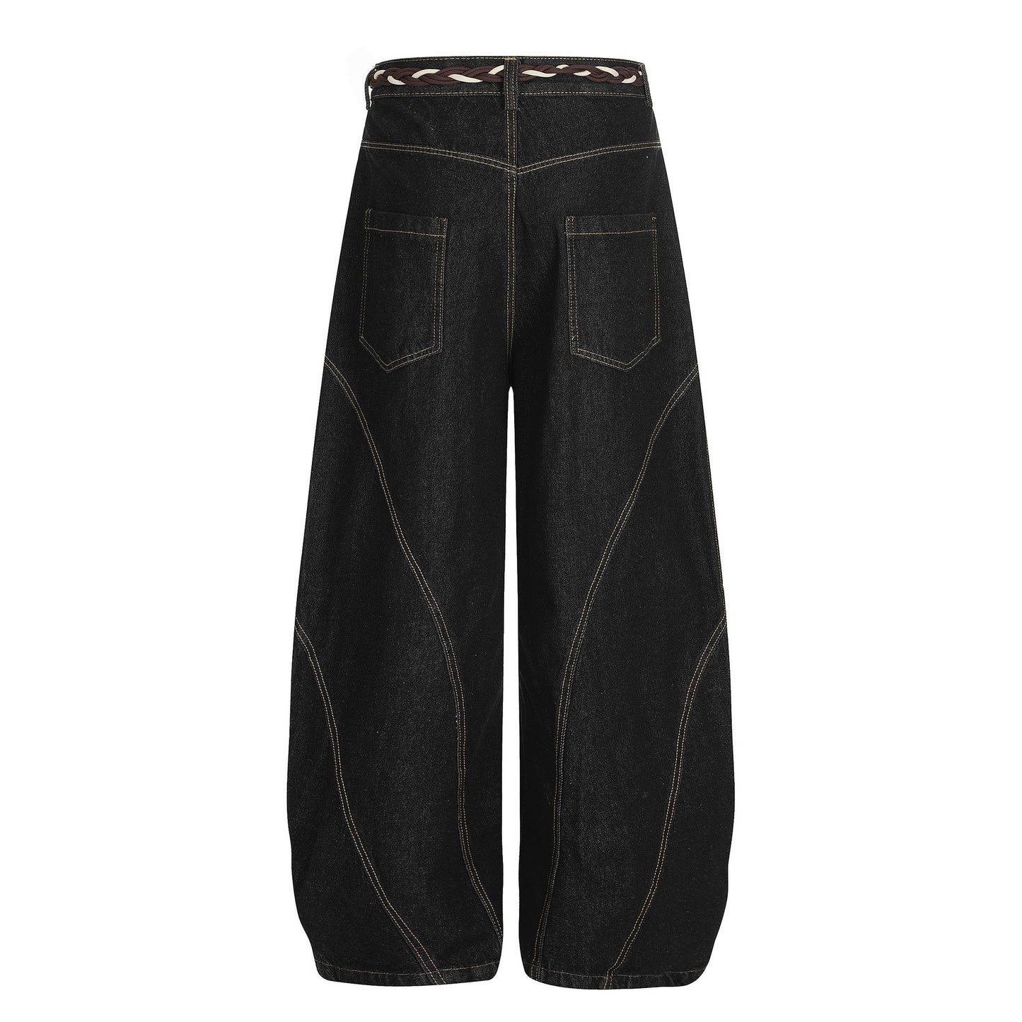 Denim Retro Belt Detail | Patchwork Barrel Jeans - Luxuryurbanwear