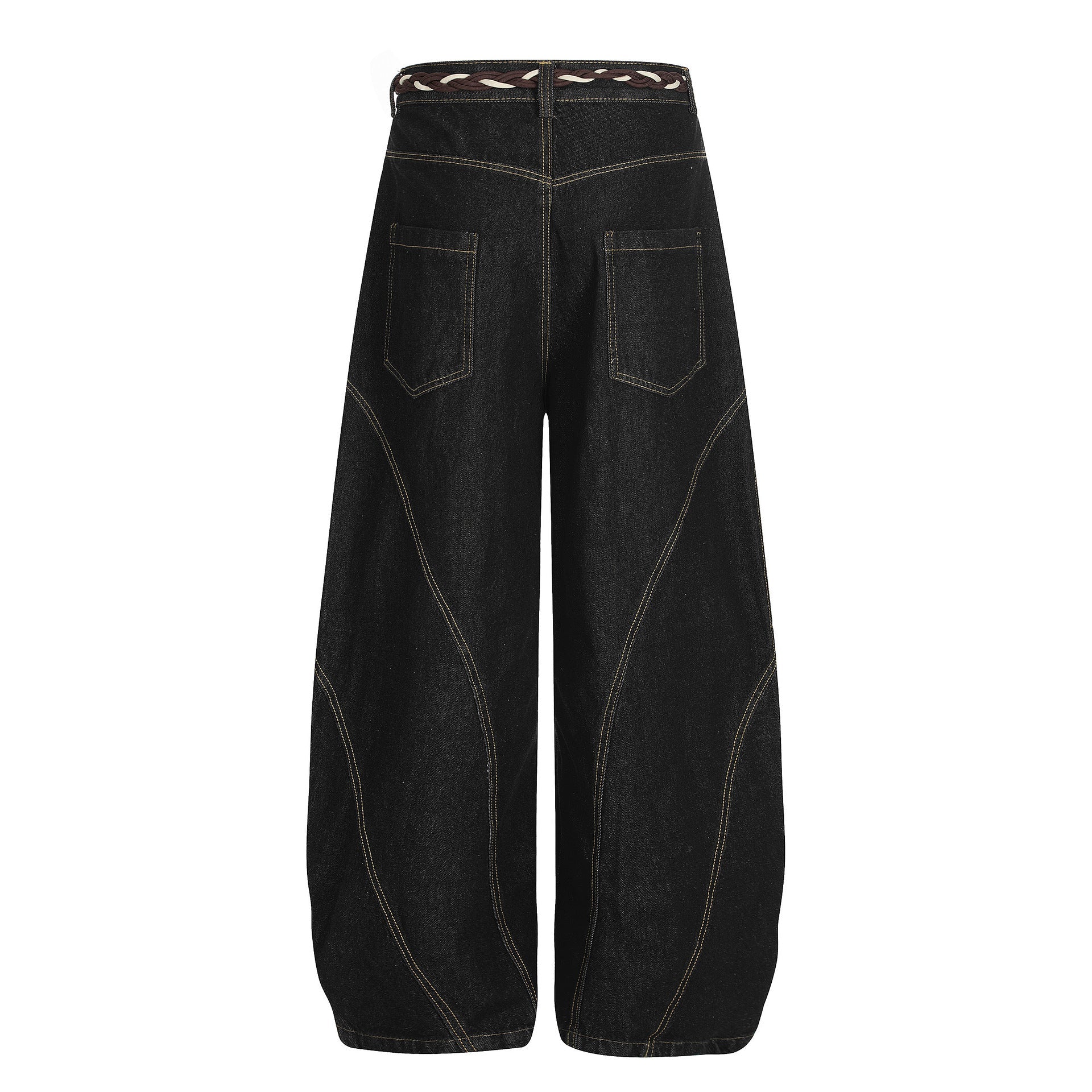 Denim Retro Belt Detail | Patchwork Barrel Jeans - Luxuryurbanwear
