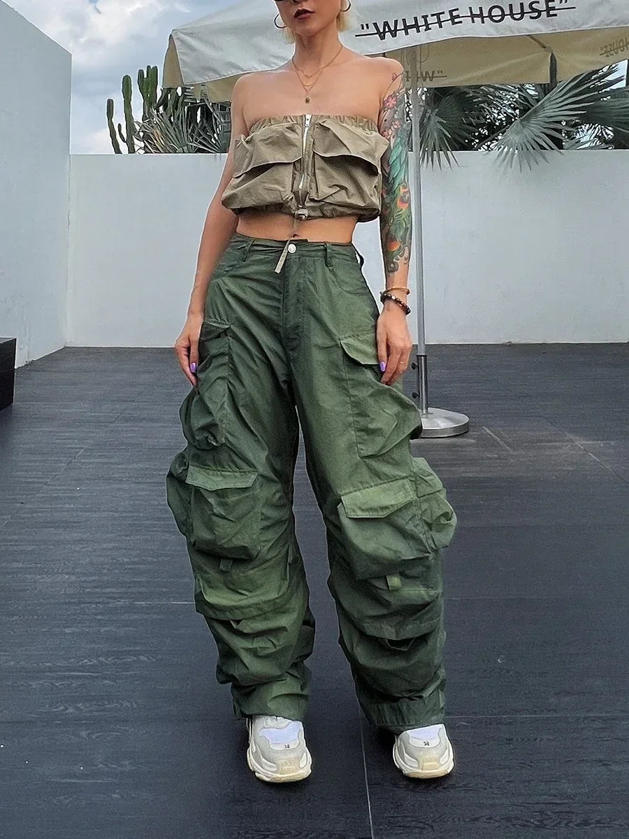 Solid Loose Pants For Women High Waist Patchwork Pockets Casual Streetwear Cargo Pant Female Fashion Clothing - Luxuryurbanwear