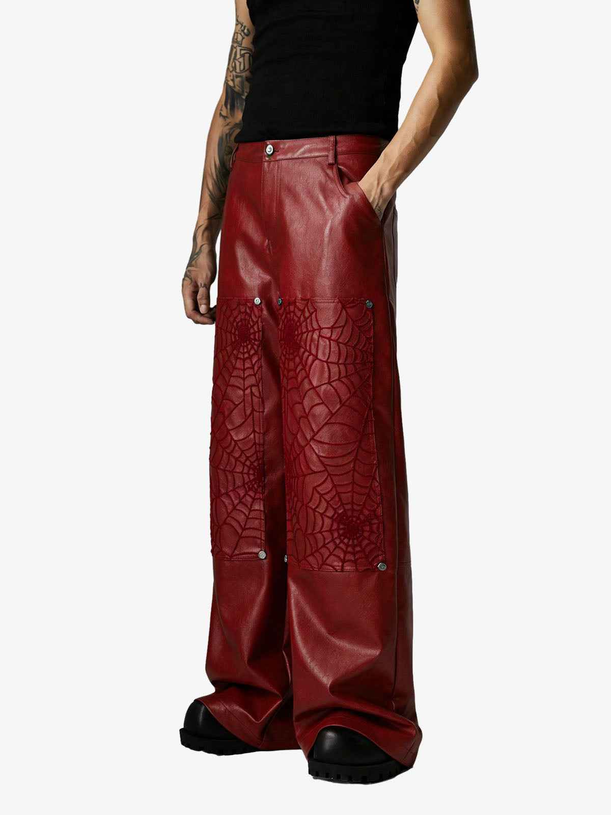 Spider Web Embossed Faux Leather Wide Leg Pants