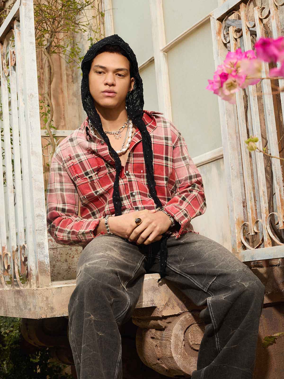 Paint Splatter Plaid Frayed Hem Button Up Shirt