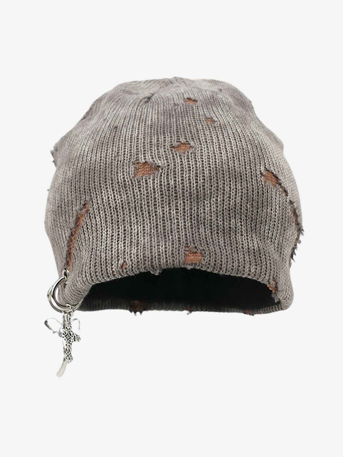 Retro Wasteland Style Distressed Knit Hanging Charm Beanie