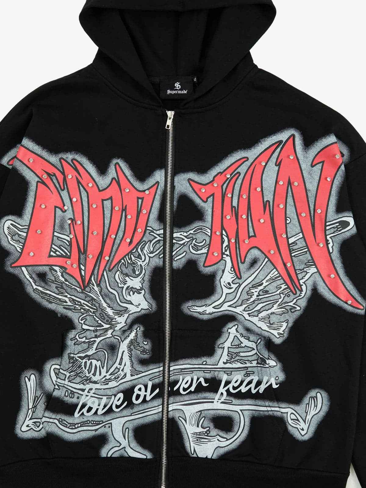 Retro Gothic Print Rhinestone Zip-Up Hoodie