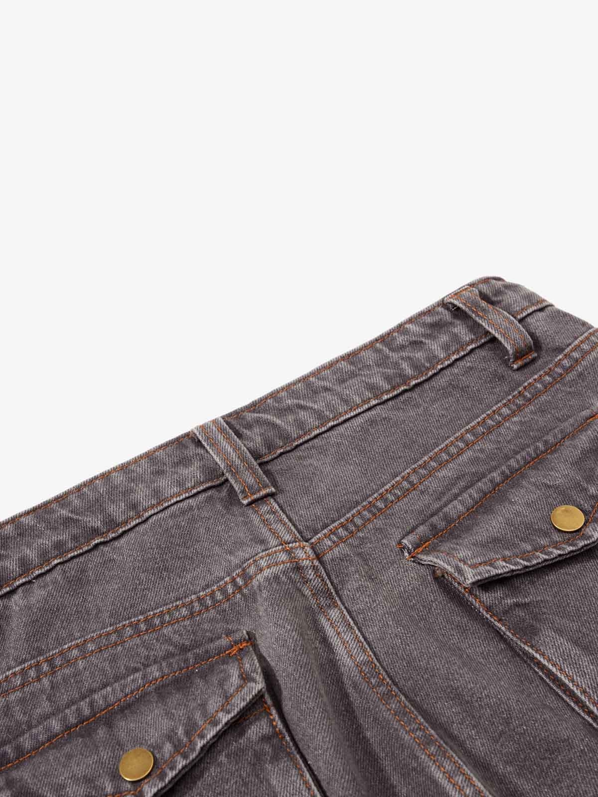 Retro Faded Multi-Pocket Flared Cargo Jeans - Luxuryurbanwear