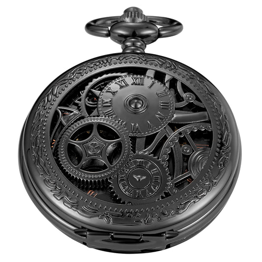 Whodoit Black Gear Double Cover Mens Mechanical Pocket Watch Double Cover Roman Design Dial Chain Mechanical Pocket Watch