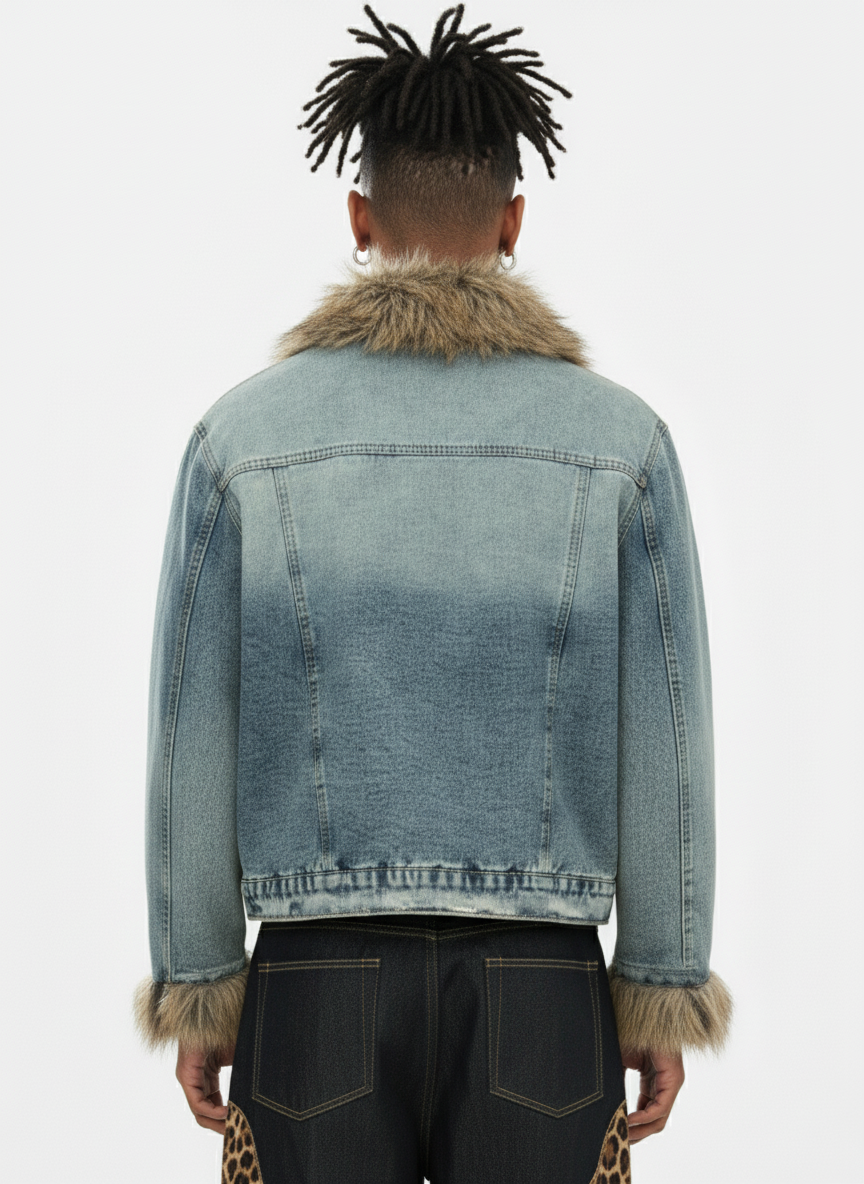 Vintage Faux Fur Trim Washed Padded Denim Jacket - Luxuryurbanwear