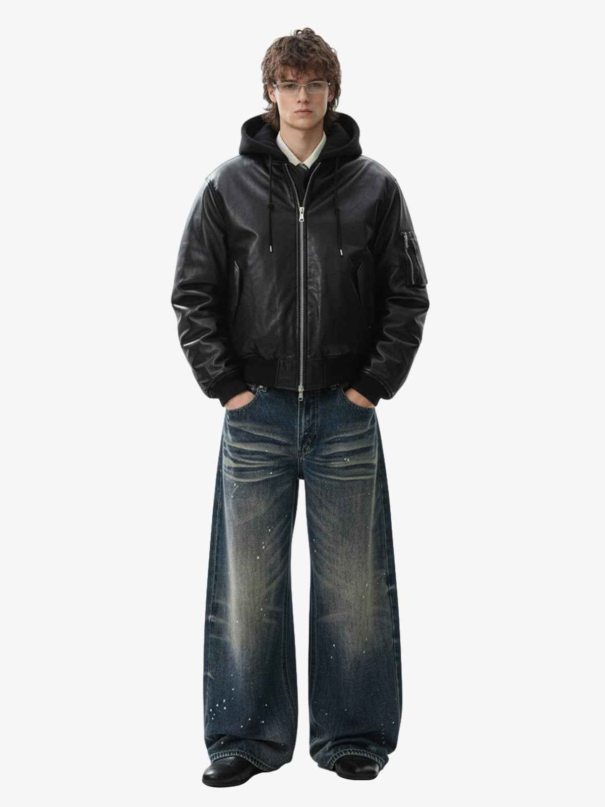 Retro Leather Faux Two-Piece Hooded Padded Bomber Jacket