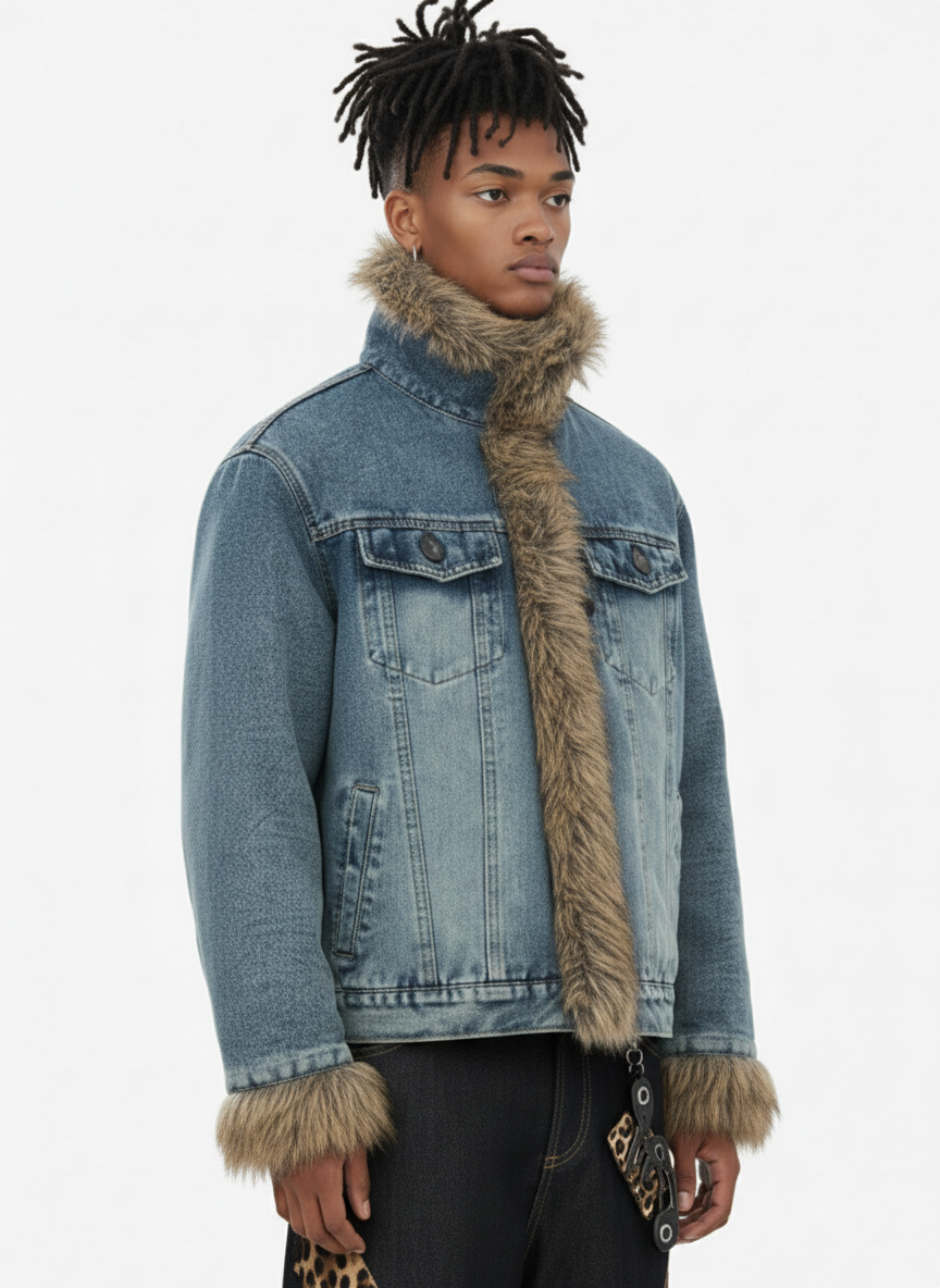 Vintage Faux Fur Trim Washed Padded Denim Jacket - Luxuryurbanwear