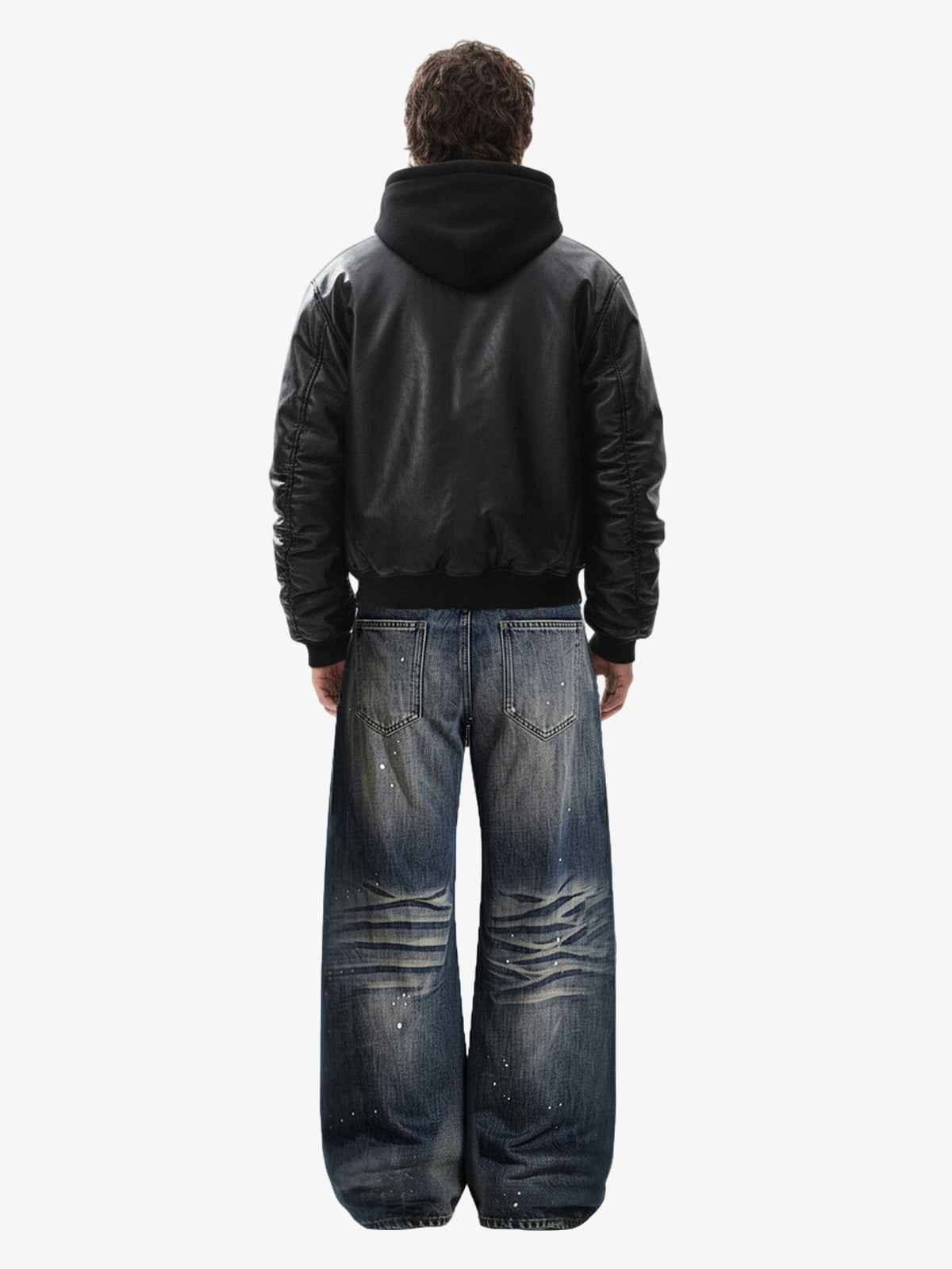 Retro Leather Faux Two-Piece Hooded Padded Bomber Jacket