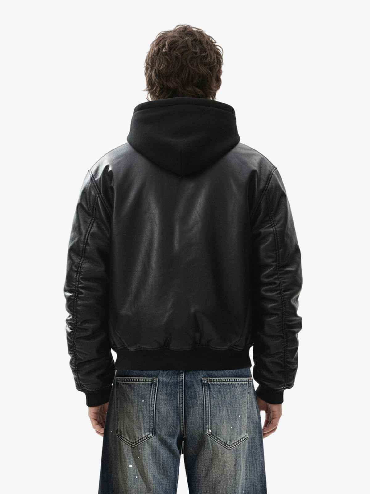 Retro Leather Faux Two-Piece Hooded Padded Bomber Jacket