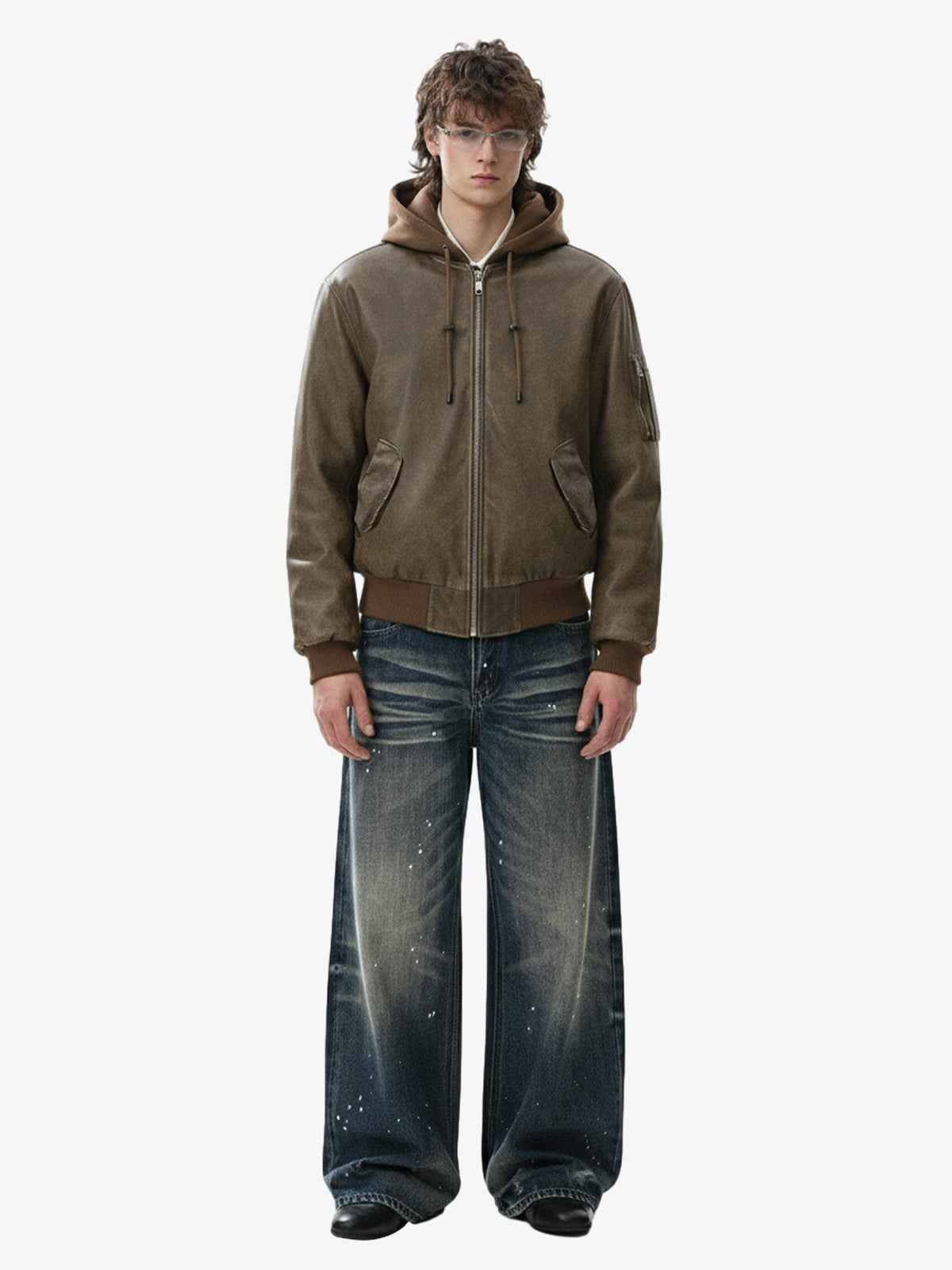 Retro Leather Faux Two-Piece Hooded Padded Bomber Jacket
