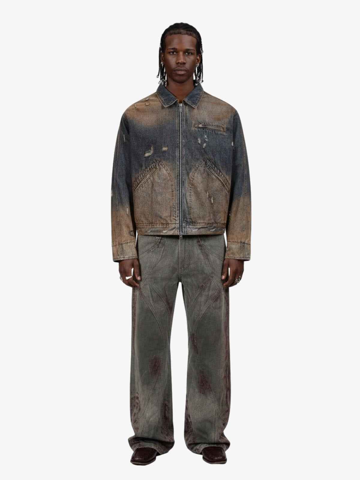 Vintage Washed Distressed Denim Zip Up Jacket