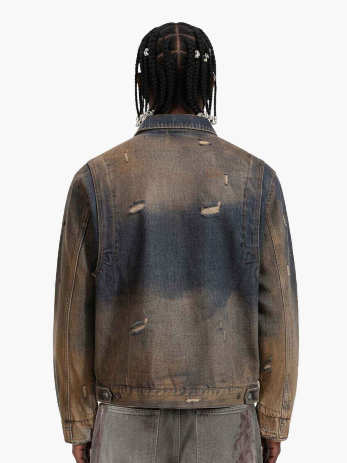 Vintage Washed Distressed Denim Zip Up Jacket