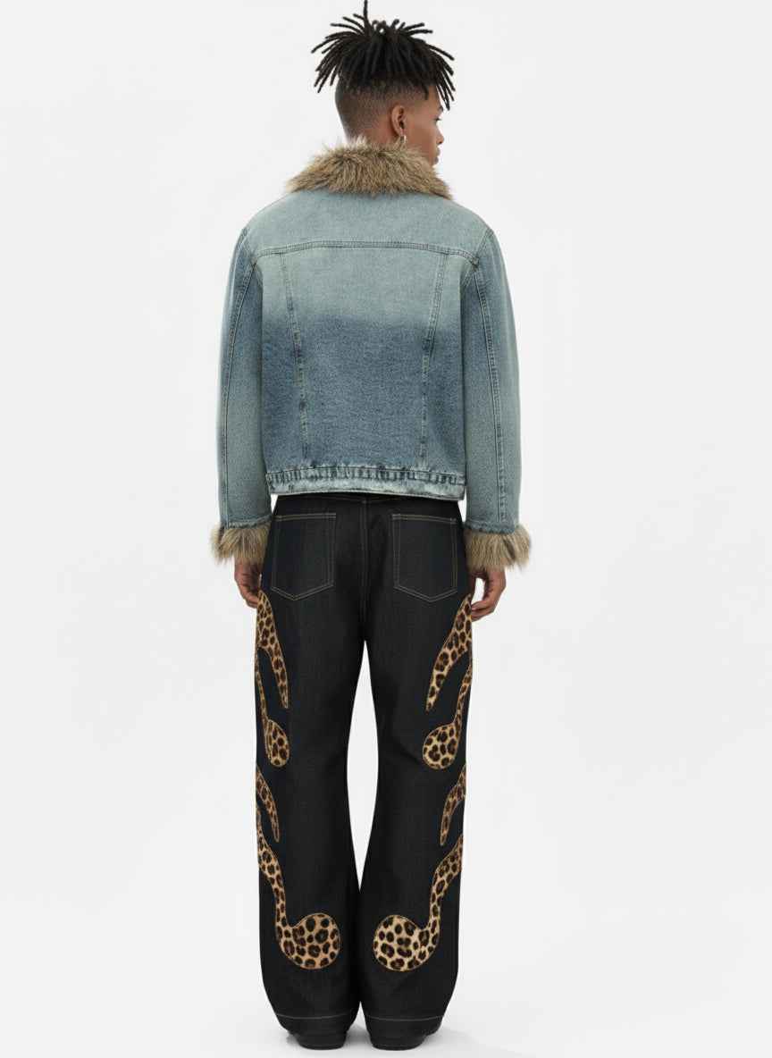 Vintage Faux Fur Trim Washed Padded Denim Jacket