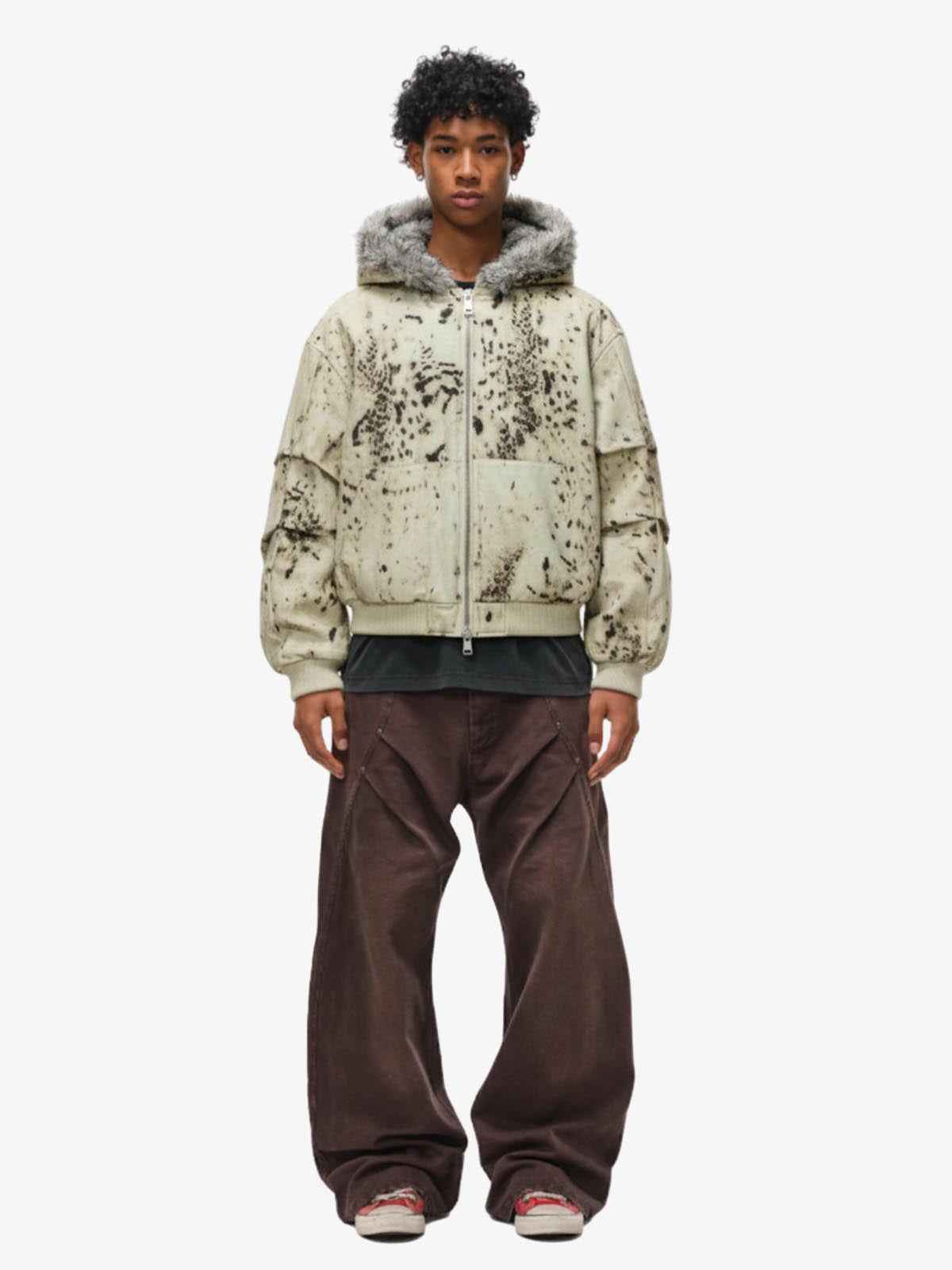 Splatter Print Faux Fur Collar Ruched Sleeve Zip-Up Jacket