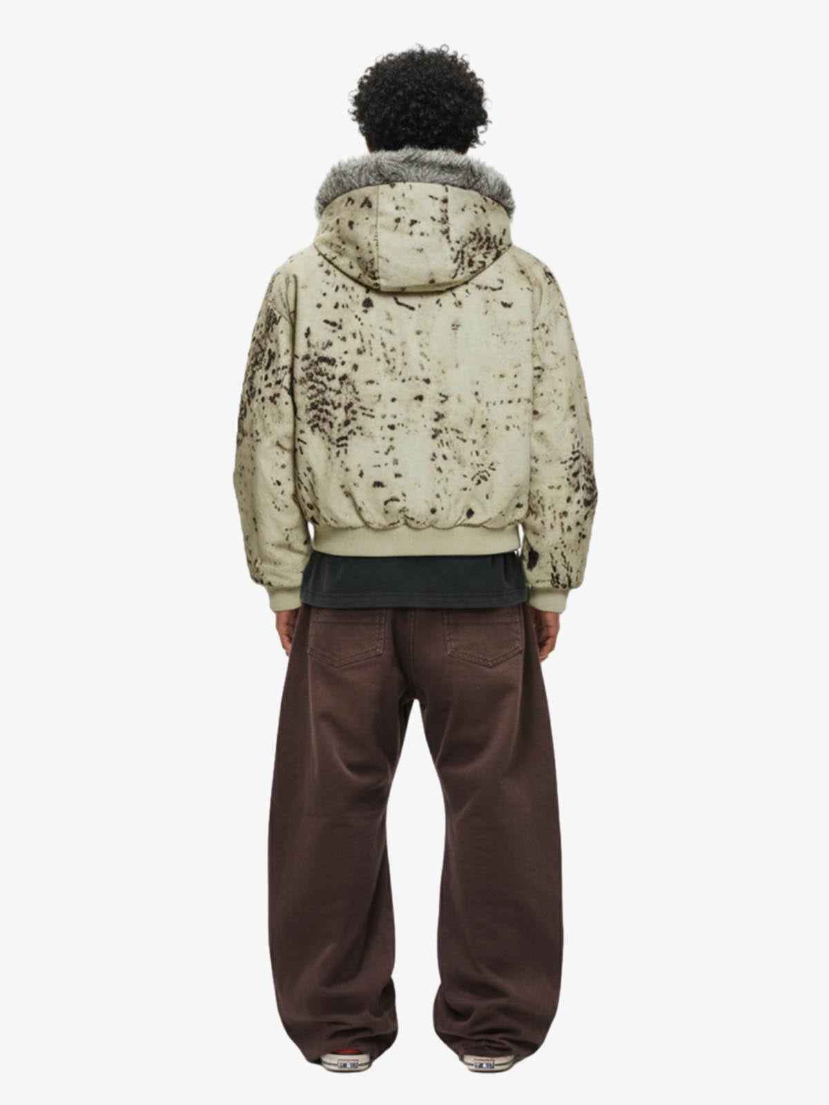 Splatter Print Faux Fur Collar Ruched Sleeve Zip-Up Jacket