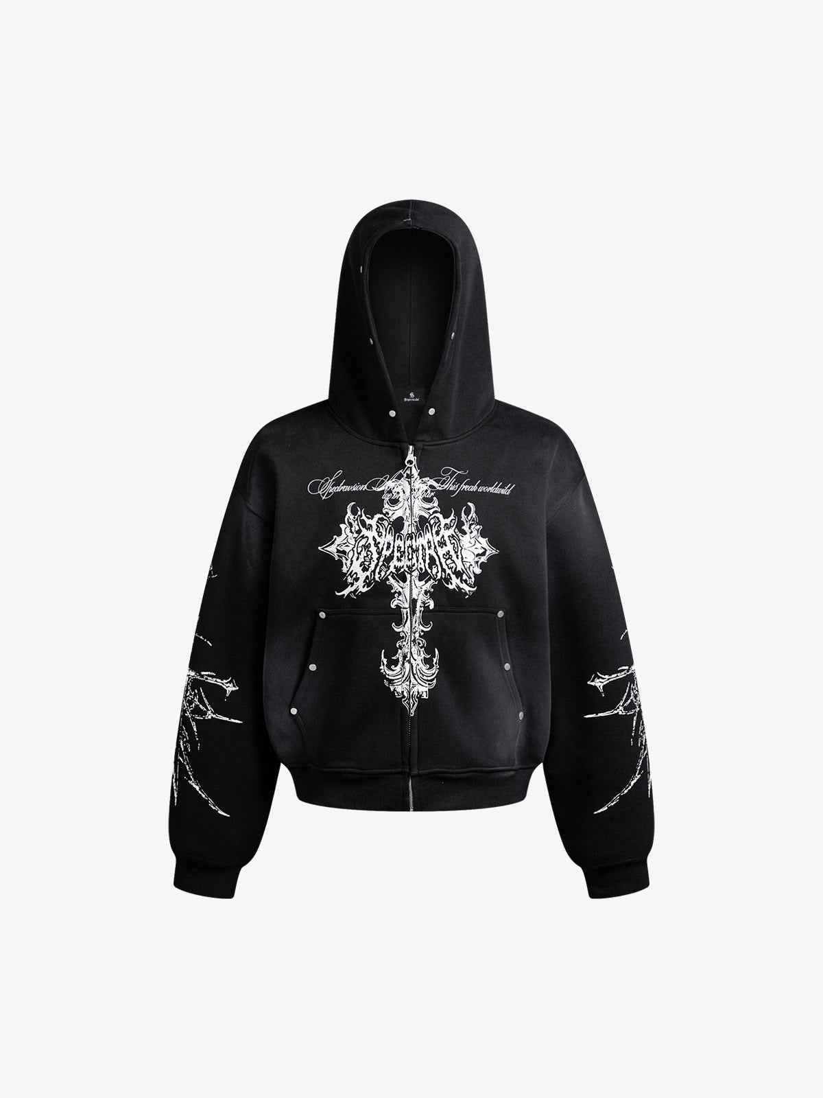 Street Wasteland Washed Cross Print Zip Up Hoodie - 2561