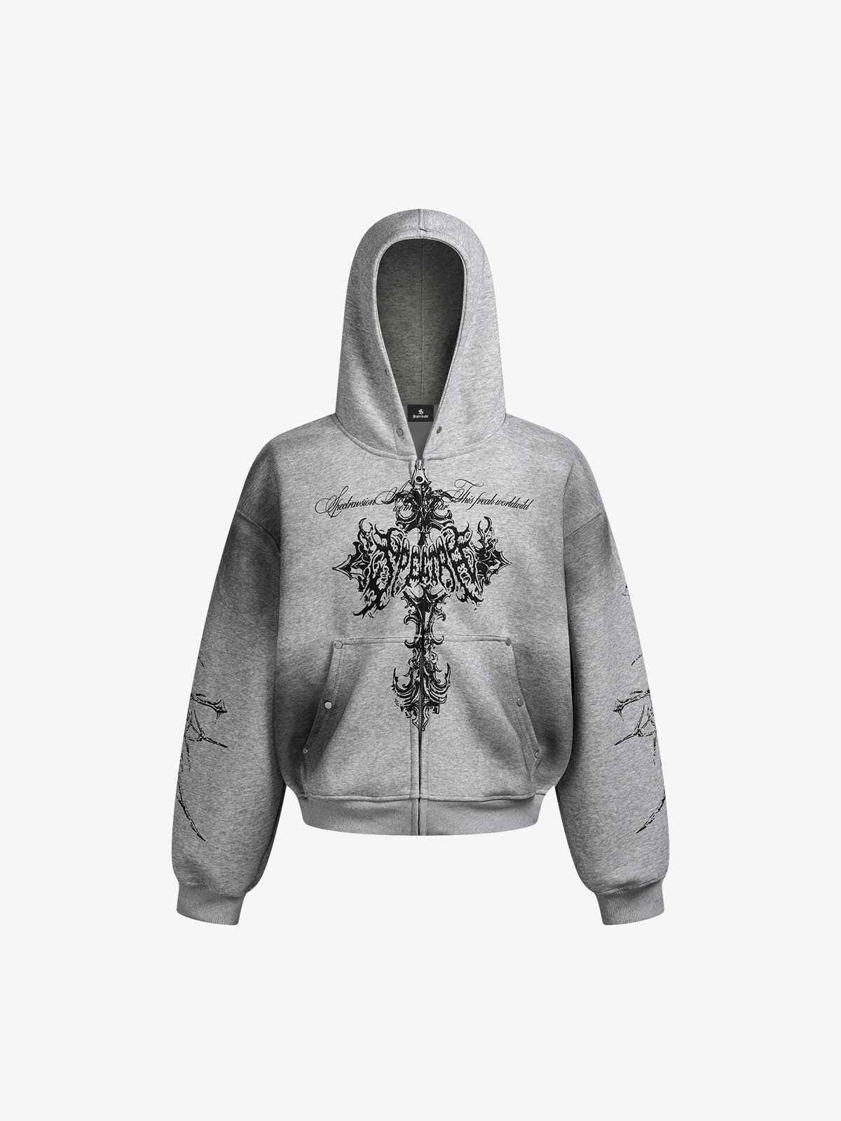 Street Wasteland Washed Cross Print Zip Up Hoodie - 2561