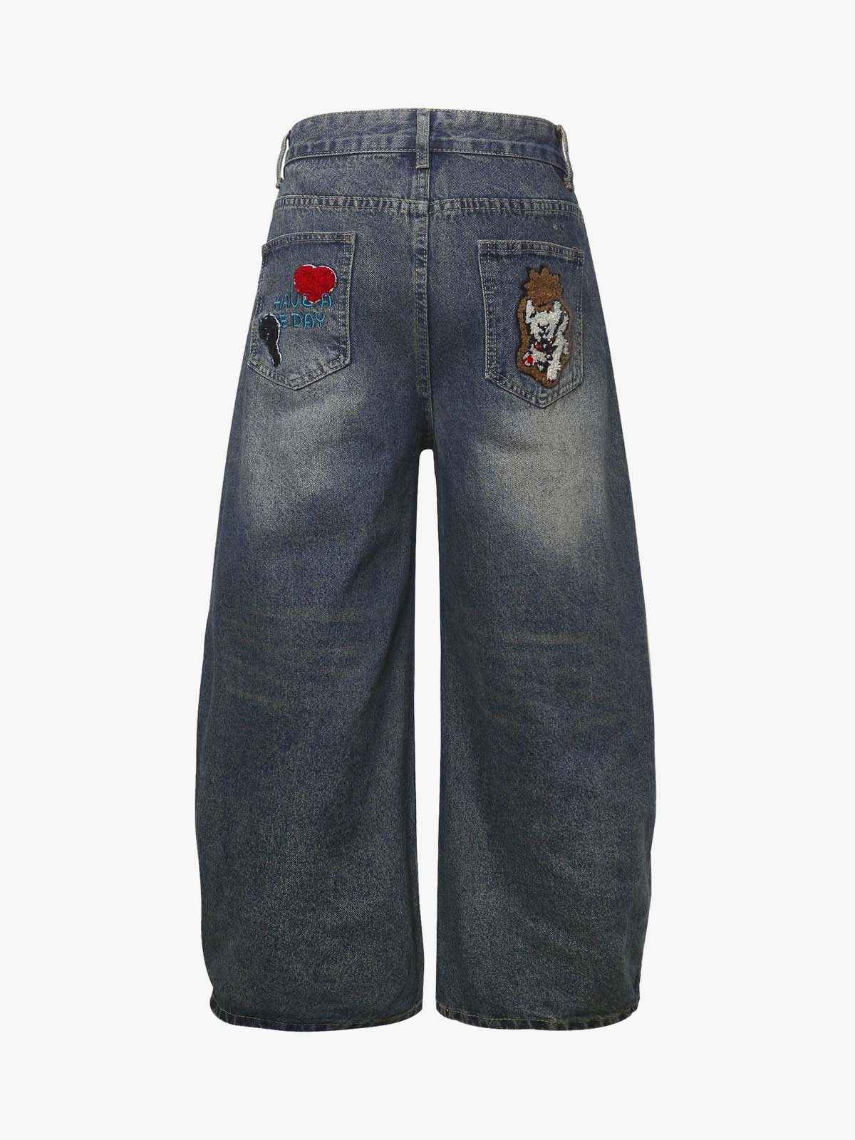 Retro Cartoon Graphic Heavy Embroidery Barrel Jeans - 2562