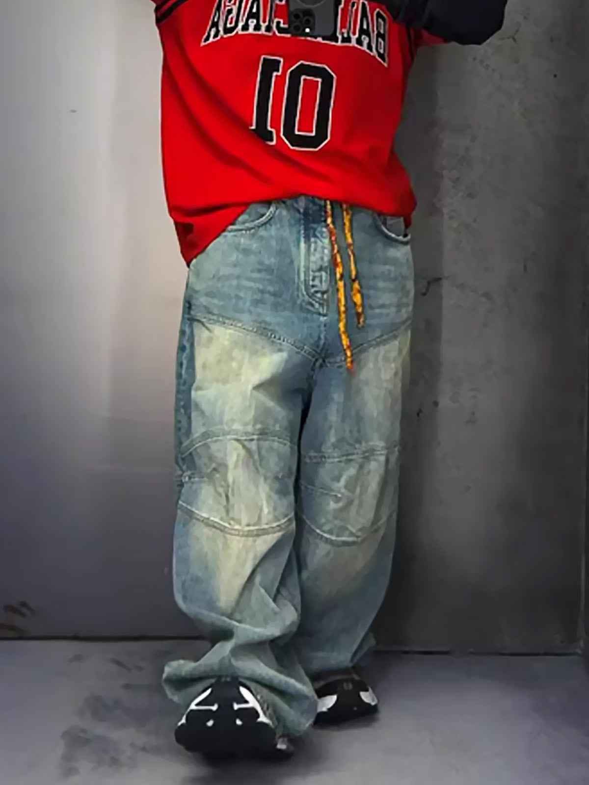 Distressed Contrast Drawstring Knee-Length Jeans