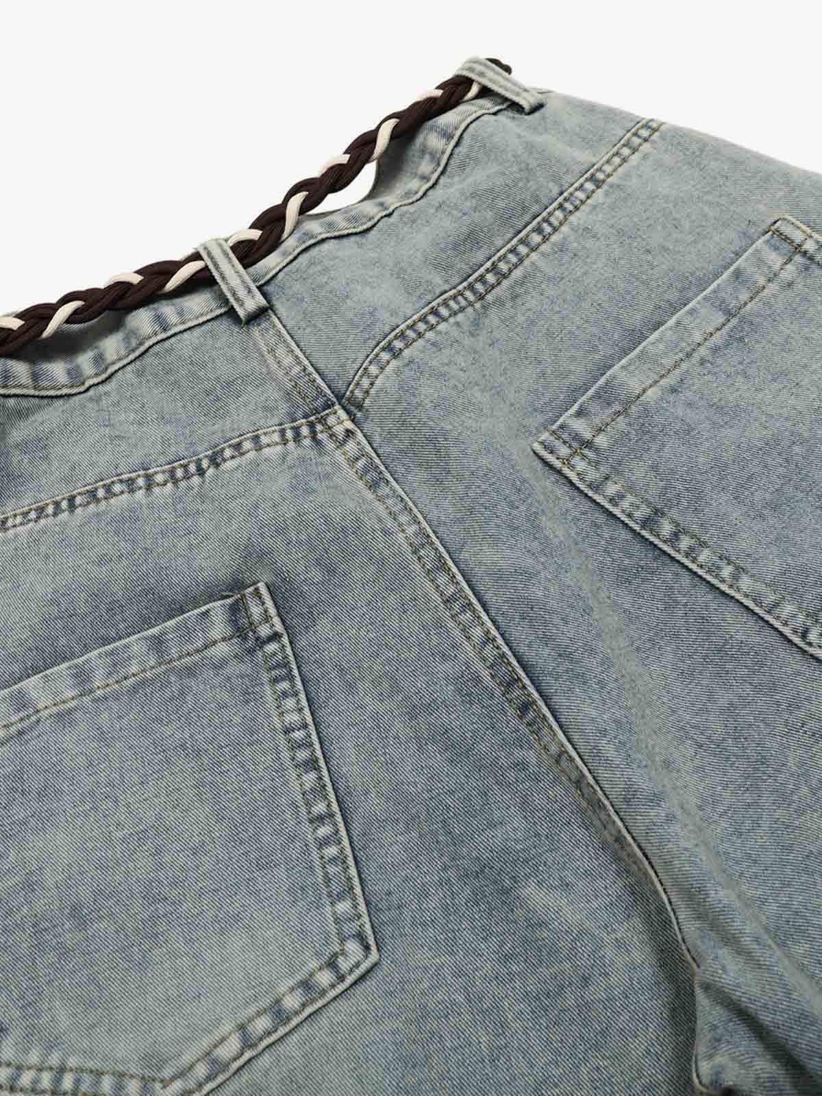 Denim Retro Belt Detail With Patchwork Barrel Jeans - 2490 - Luxuryurbanwear