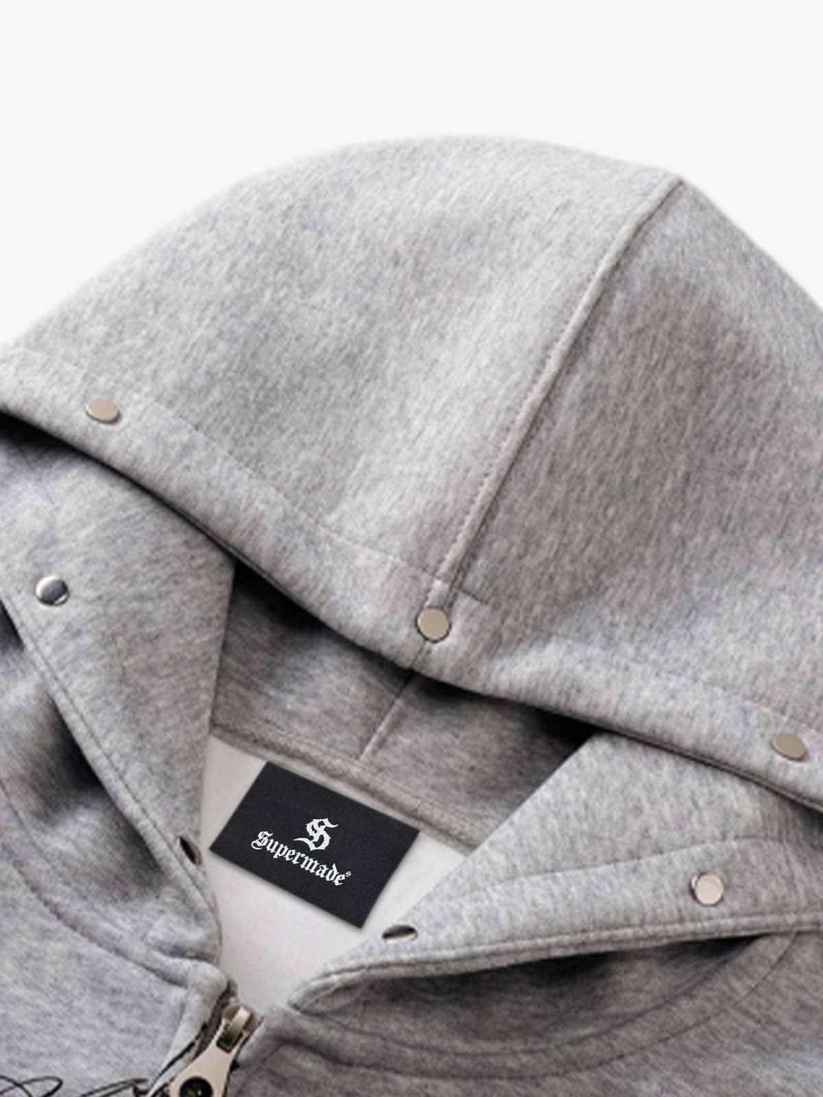 Street Wasteland Washed Cross Print Zip Up Hoodie - 2561
