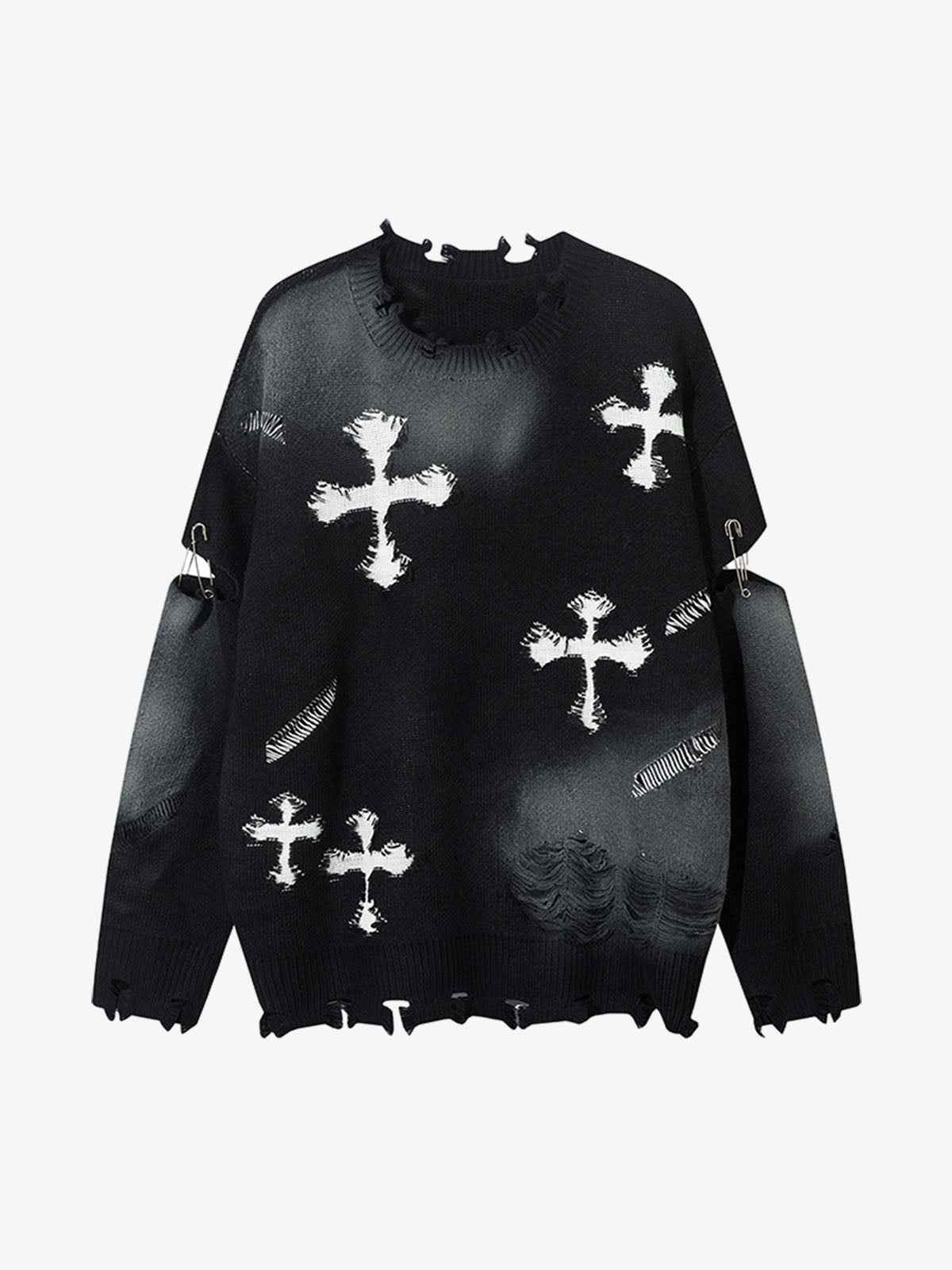 Vintage Spray-Painted Cross Hole Knit Sweater