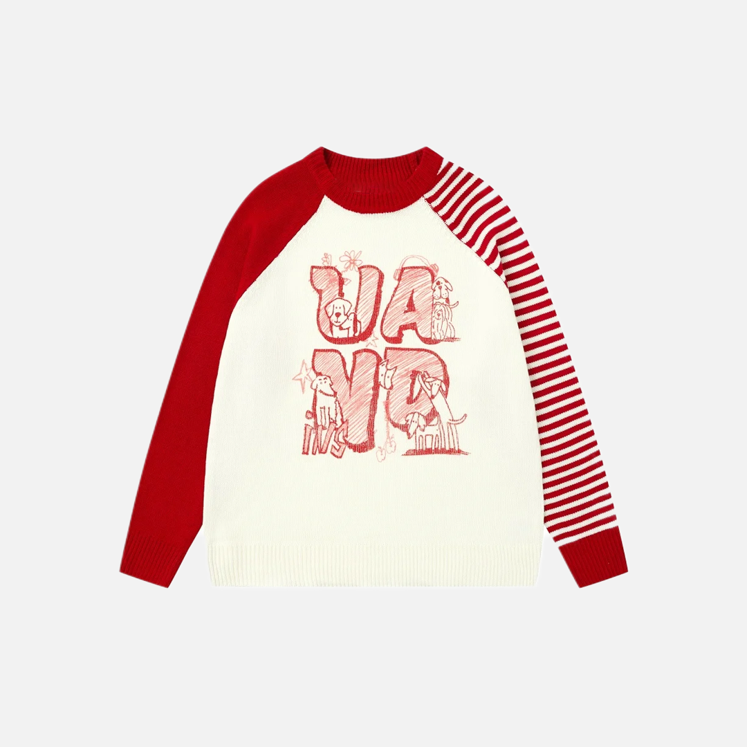 Retro Puppy O-Neck Collar Print Knitted Sweater - Luxuryurbanwear