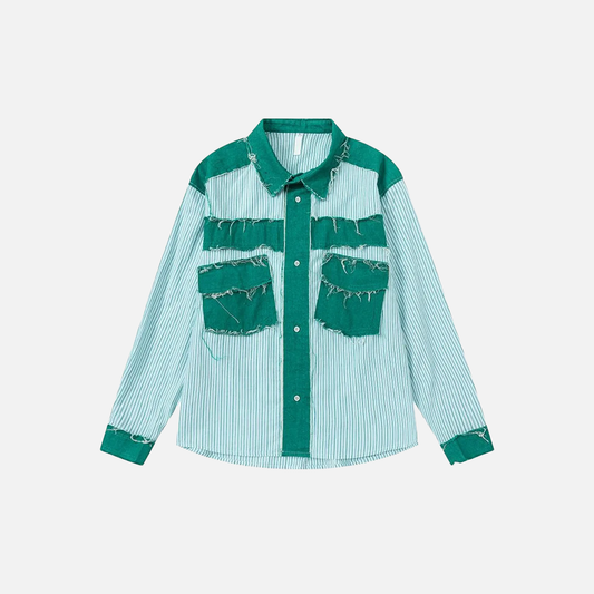 Retro Striped Patchwork Long Sleeve Ripped Shirt - Luxuryurbanwear