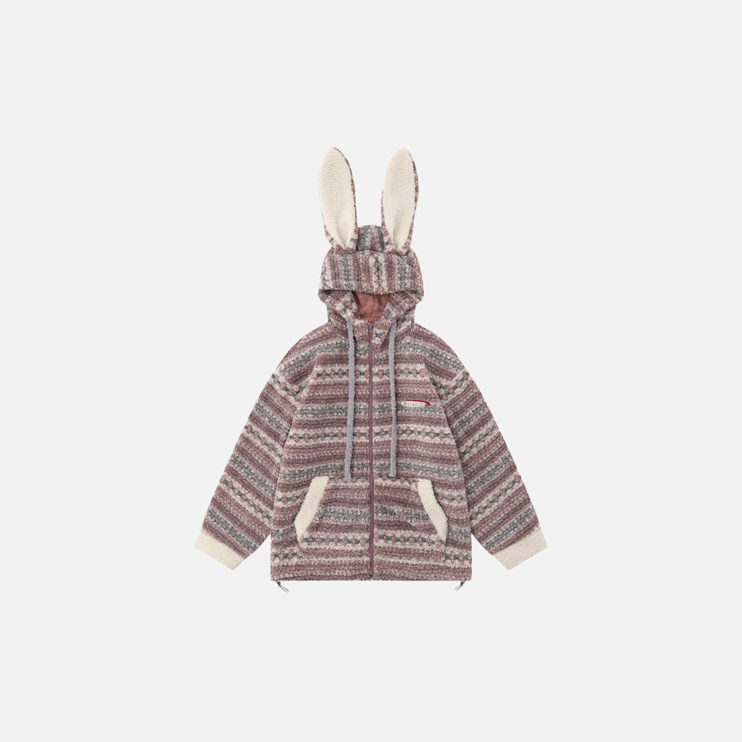 Soft Striped Winter Cartoon Rabbit Hooded Sweatshirt - Luxuryurbanwear
