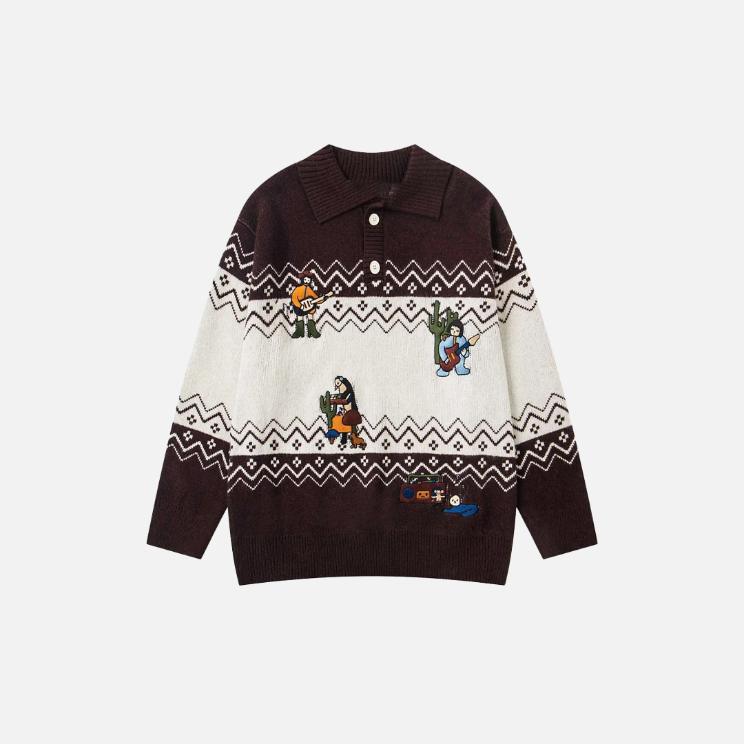 Retro Cartoon Lapel Drop Embroidery Contrast Sweater - Luxuryurbanwear