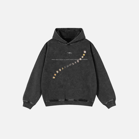 Streetwear Oversized Moon Graphic Washed Black Hoodie - Luxuryurbanwear