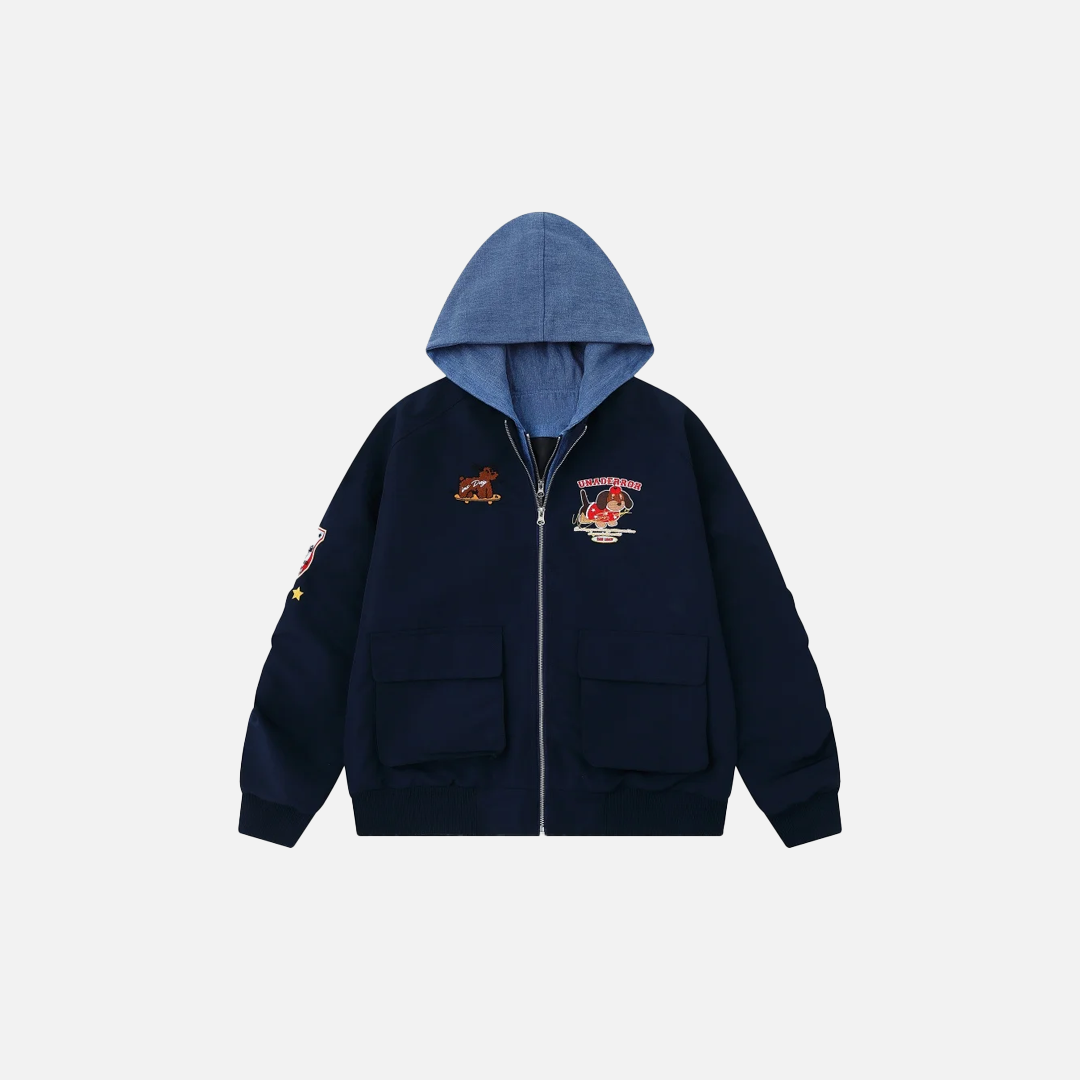 Retro Spliced Fake Two Piece Hooded Cargo Jacket - Luxuryurbanwear