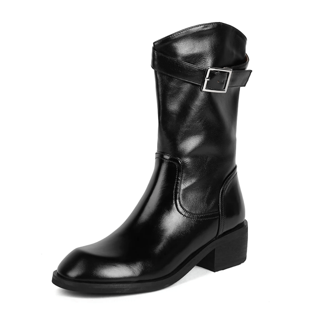Julianti Women's Winter Round Toe Leather Black Boots  Square Metal Buckle Mid-Calf - Luxuryurbanwear