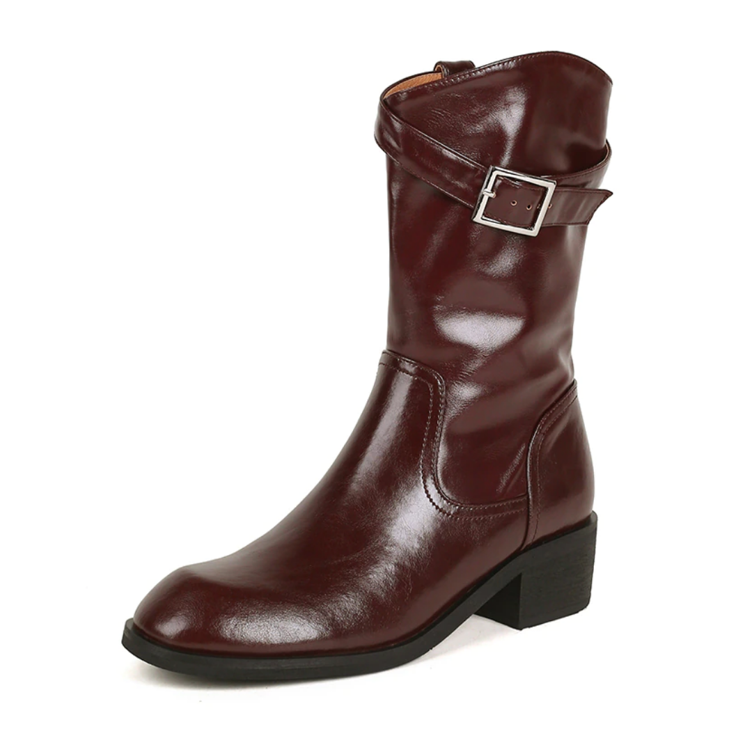 Julianti Women's Winter Round Toe Leather Black Boots  Square Metal Buckle Mid-Calf